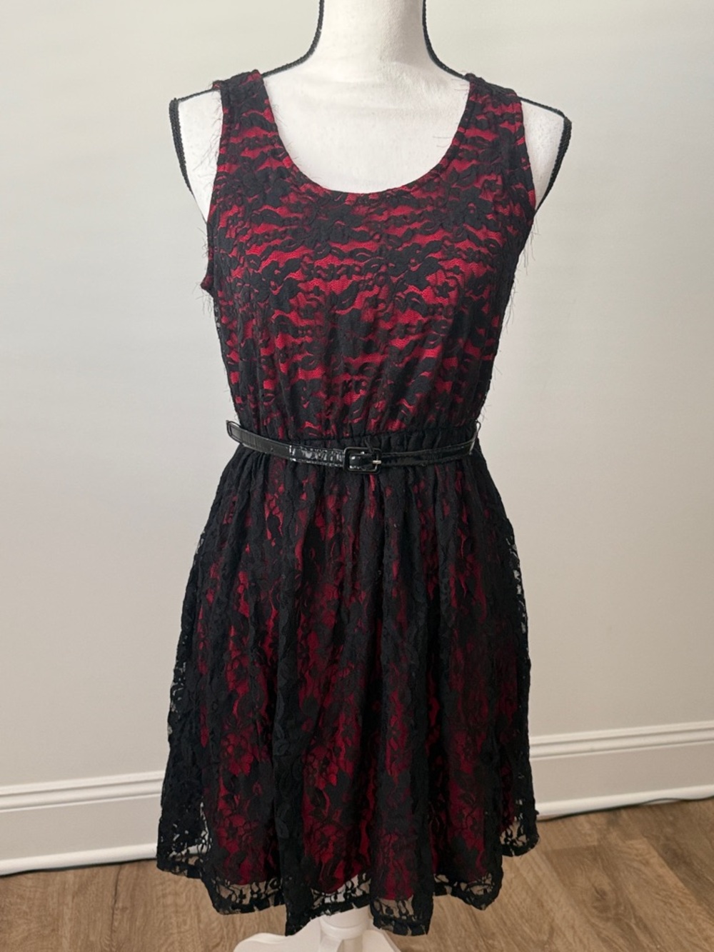 Bailey Girl Sleeveless Black Lace Overlay Red Dress with Belt